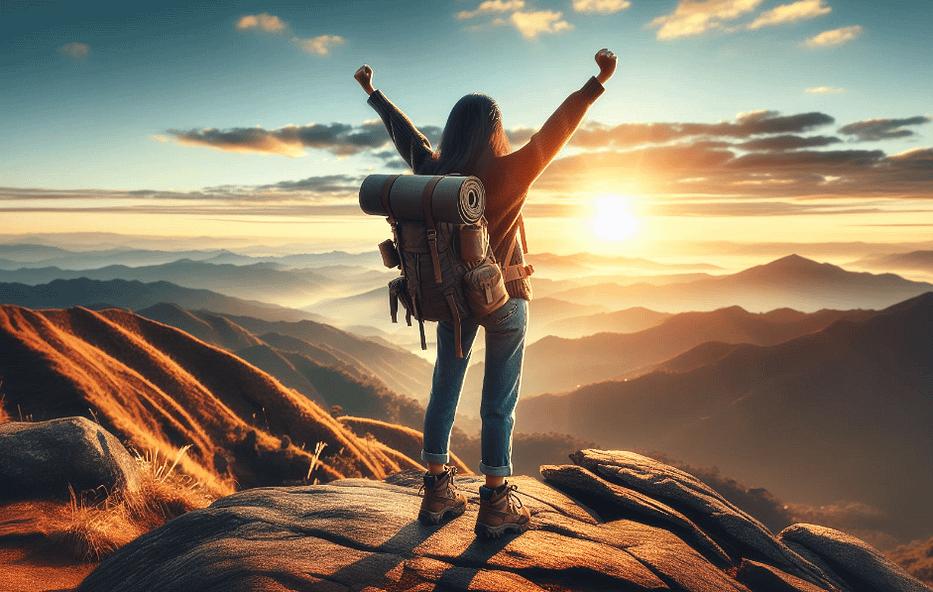 Mulher com mochila mãos levantadas em cima de uma Montanha com um pôr do sol